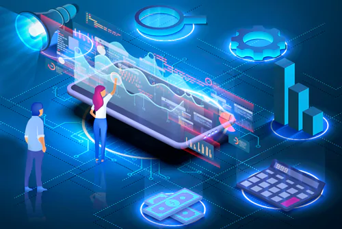 Digital dashboard with multiple charts and graphs showing data trends, big data visualization interface, analytical software display